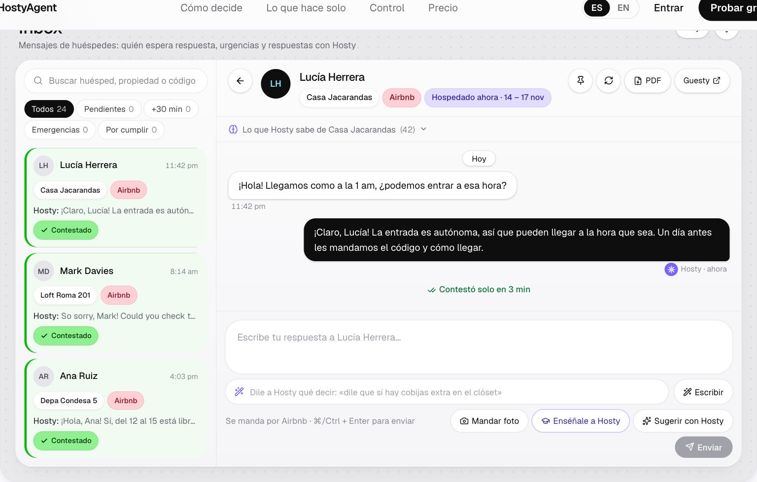 HostyAgent · bandeja de mensajes con respuestas automáticas